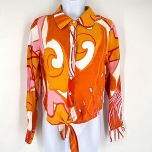 NWT Rachel Zoe Floral Linen Cropped Button Down Shirt Orange Small Tie Front